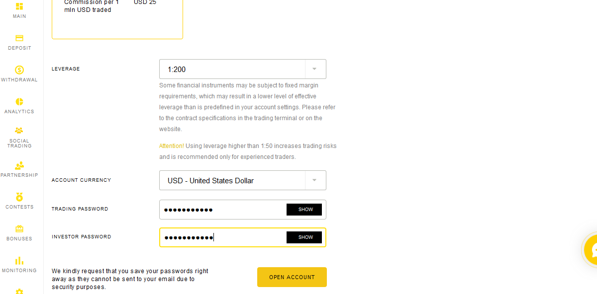 Select Leverage and Base Currency