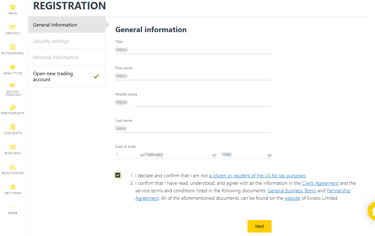 Fill General Information while registration with Exness