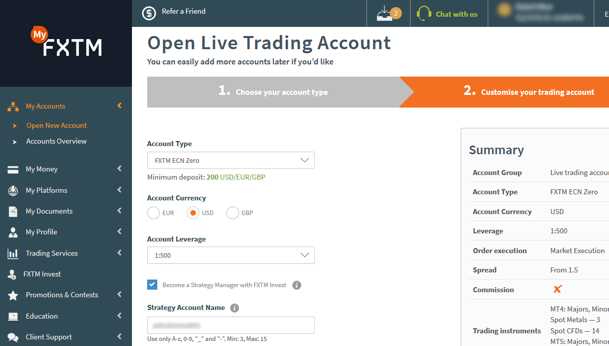 Select Account Type & Account Currency