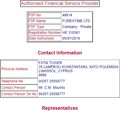 FXTM is authorized by FSCA