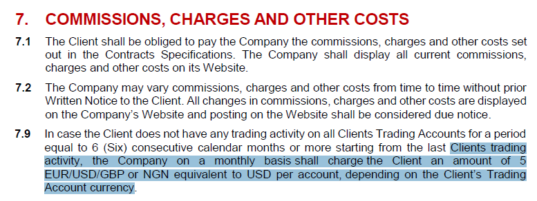 FXTM South Africa dormant account fees