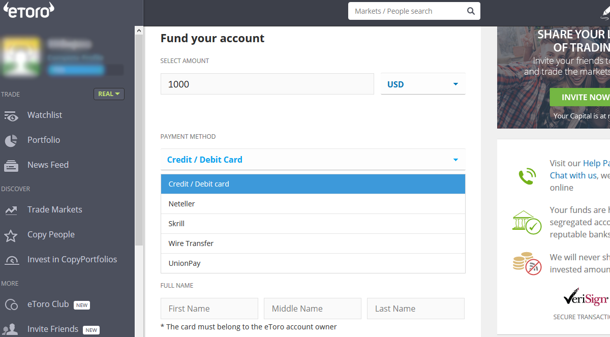 eToro Deposit Methods