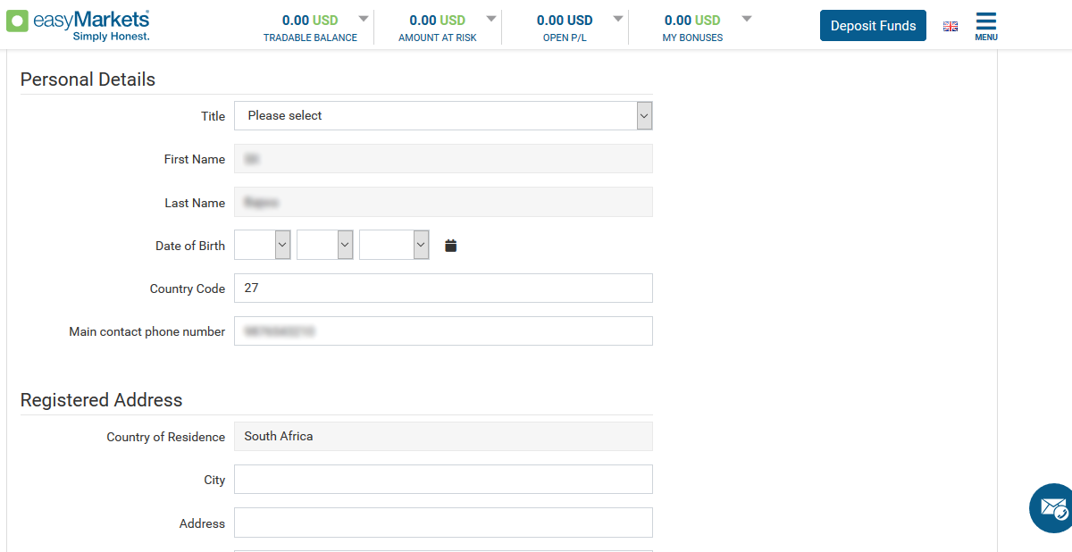 easyMarkets fill personal details