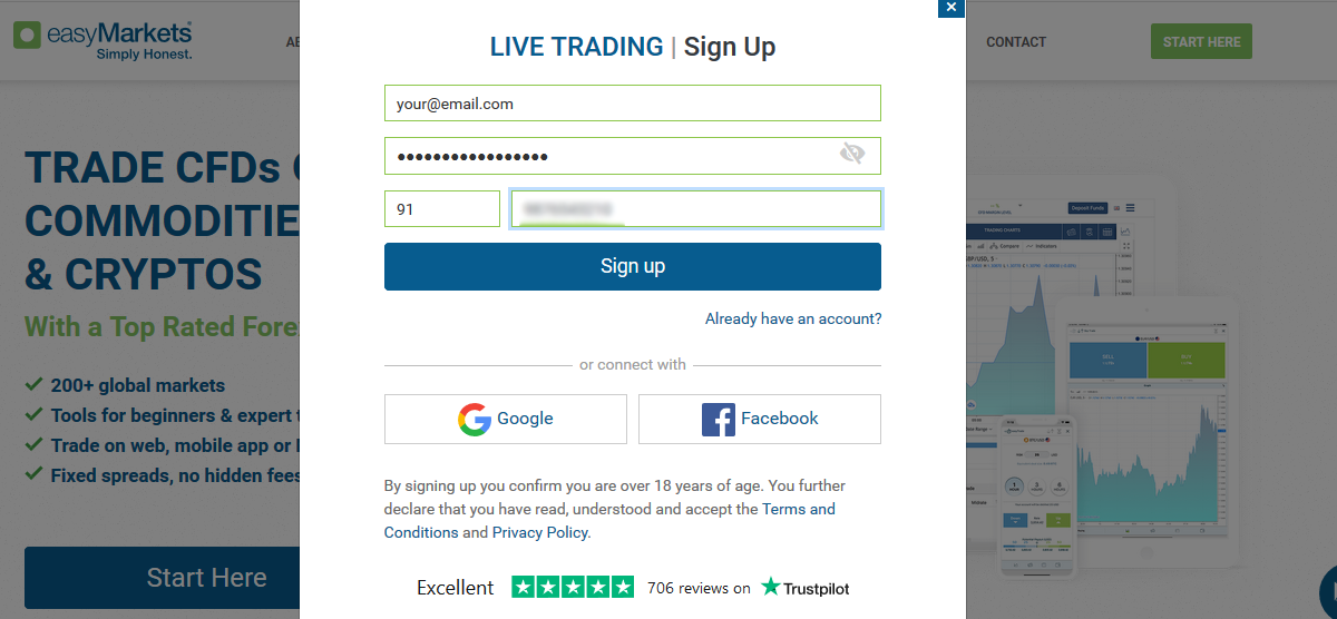 easyMarkets Signup using email