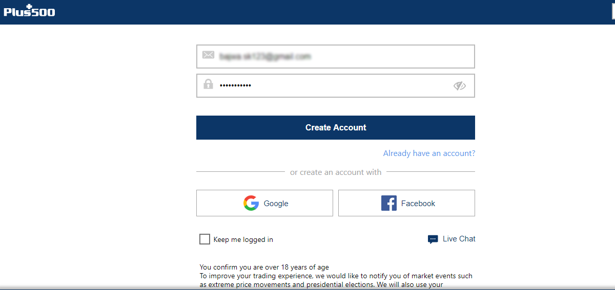 Create Account with Plus500