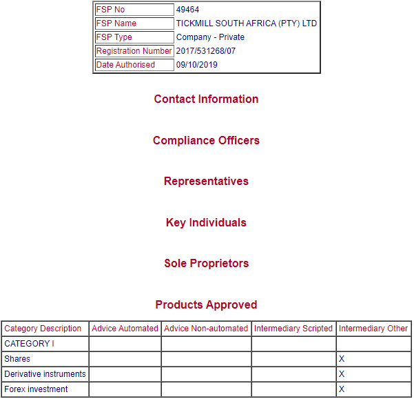 Tickmill FSCA Regulation Status