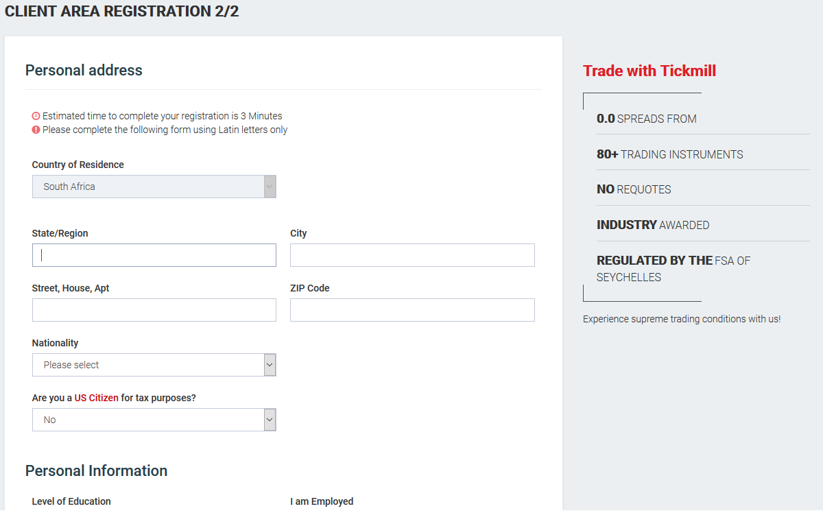 Fill Personal Address Tickmill