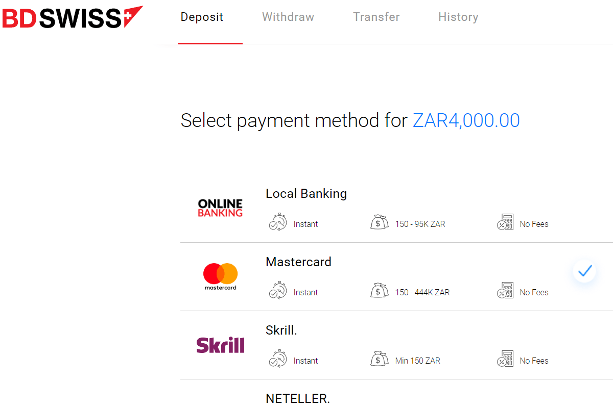 BDSwiss Deposit & Withdrawal Methods