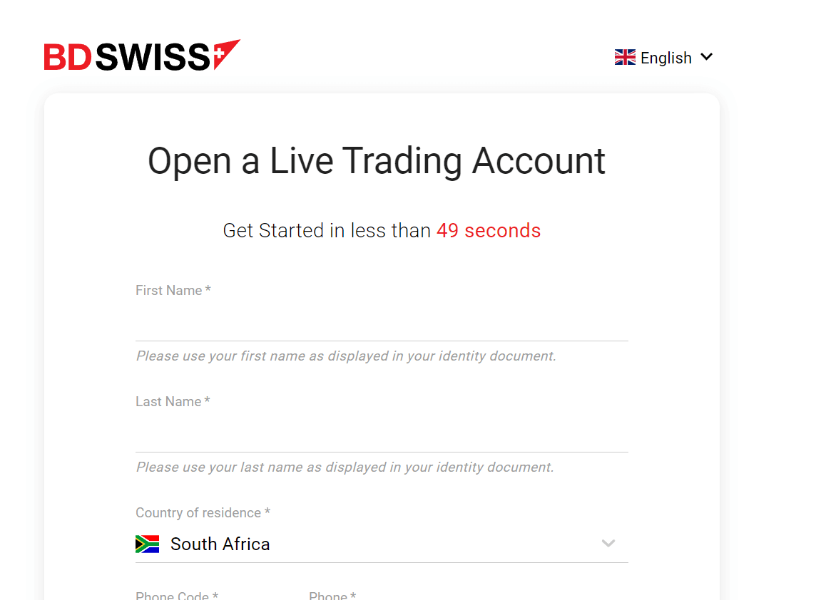 BDSwiss Open Live Account