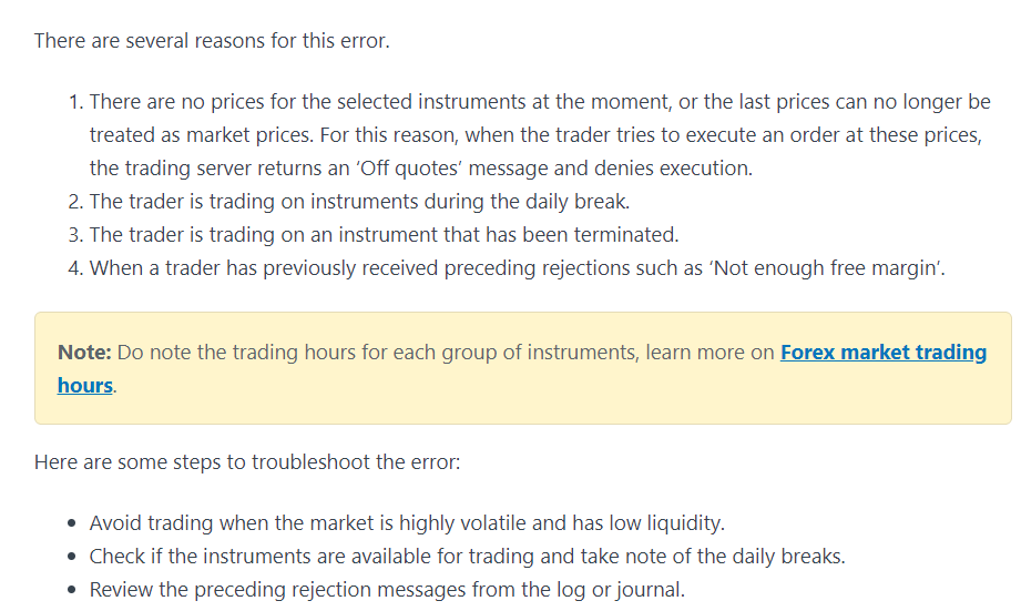 Off Quotes Error on Forex Trading App