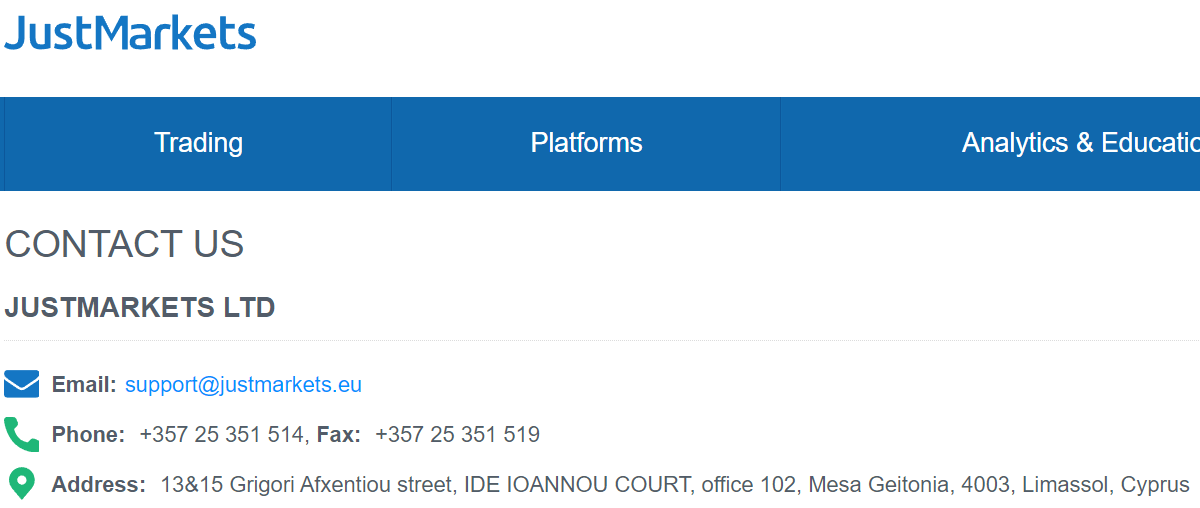 JustMarkets Contact Information