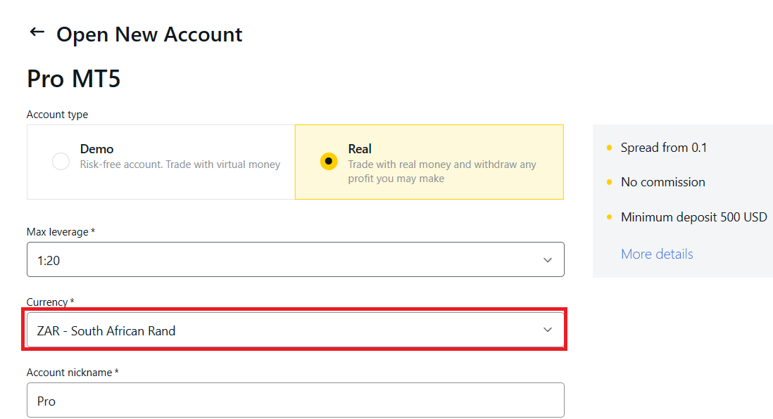 Open ZAR Account at a Broker example