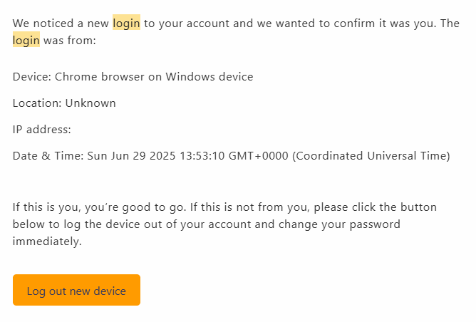 Example of new login attempt to forex broker account